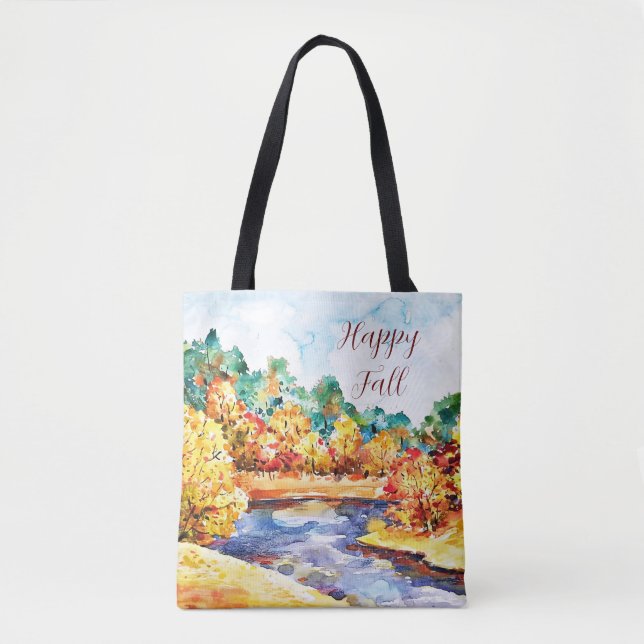 Fall watercolor landscape with customisable text  tote bag (Front)