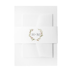 Fall Watercolor Laurel Wreath Monogram Wedding Invitation Belly Band