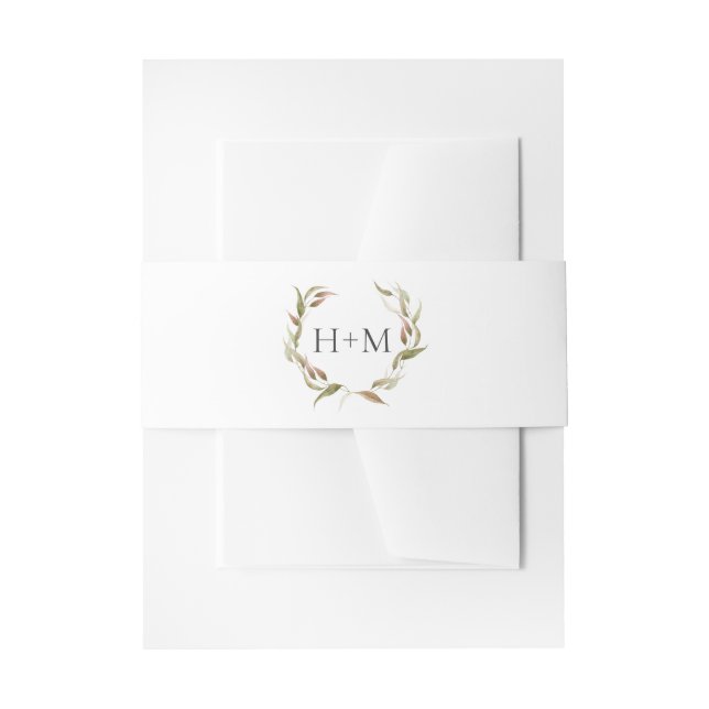 Fall Watercolor Laurel Wreath Monogram Wedding Invitation Belly Band (Front Example)