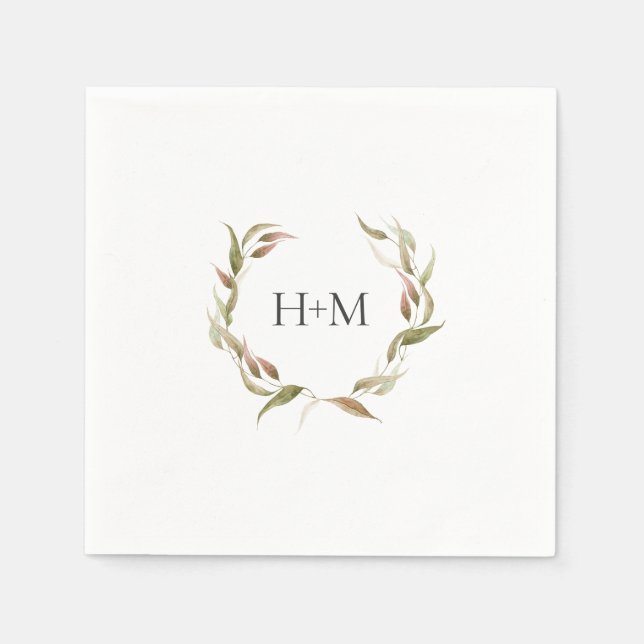 Fall Watercolor Laurel Wreath Monogram Wedding Napkin (Front)