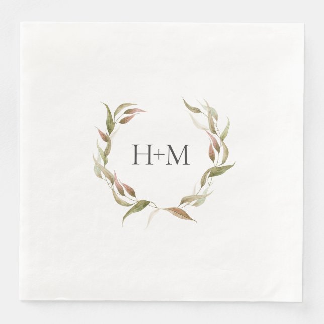 Fall Watercolor Laurel Wreath Monogram Wedding Napkin (Front)