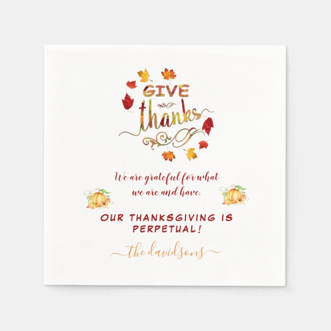 Fall Watercolor Leaves Give Thanks Monogram Napkin (Front)