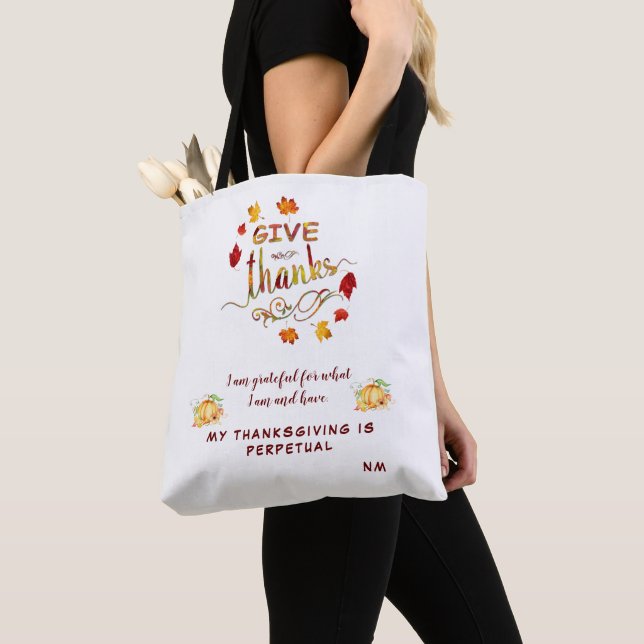 Fall Watercolor Leaves Give Thanks Monogram Tote Bag (Close Up)