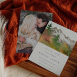 Fall Watercolor Mountains Pine Trees Photo  Save The Date<br><div class="desc">Fall Watercolor Mountains Pine Trees Photo Save the Date - A gorgeous, watercolor mountain landscape is featured on our Save the Date in a beautiful fall colour palette. Modern, minimalistic typography is also featured with a photo of the happy couple on the back of invitation/announcement. Save the Date is part...</div>