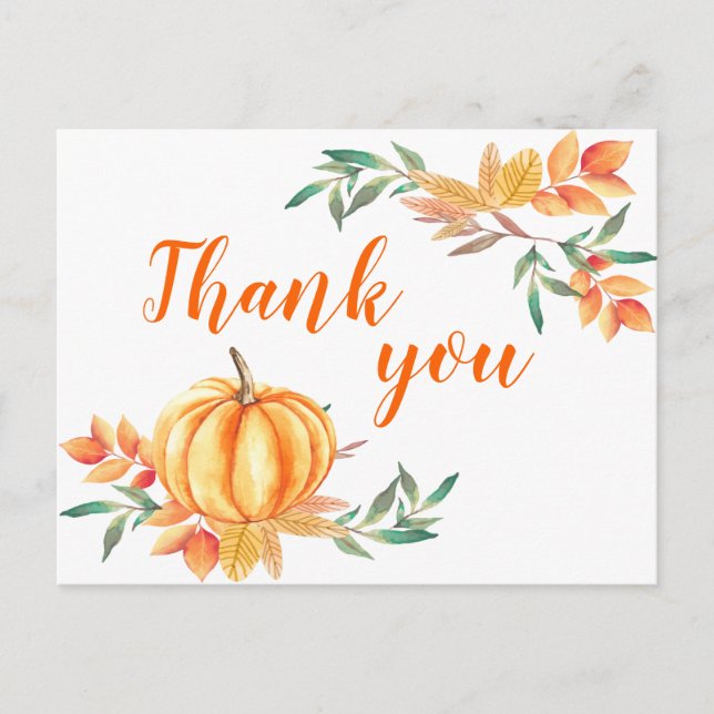 Fall Watercolor Orange Pumpkin Leaves Thank You Postcard (Front)