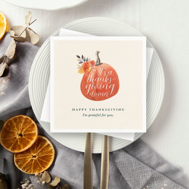 Fall Watercolor Orange Pumpkin Thanksgiving Dinner Napkin (Creator Uploaded)