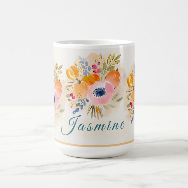 Fall Watercolor Pumpkin & Bloom – Autumn floral Coffee Mug (Center)