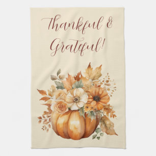 Fall Watercolor Pumpkin Floral Design- Tea Towel