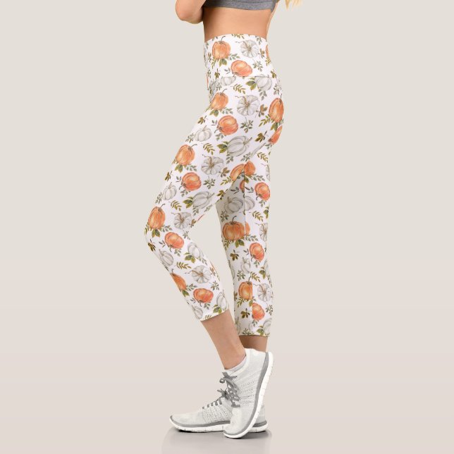 Fall Watercolor Pumpkin Pattern Capri Leggings (Left)