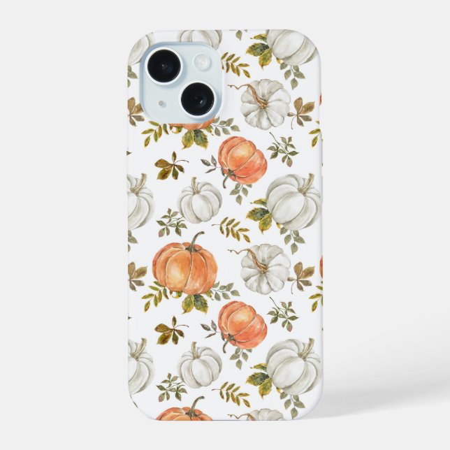 Fall Watercolor Pumpkin Pattern iPhone 15 Case (Back)