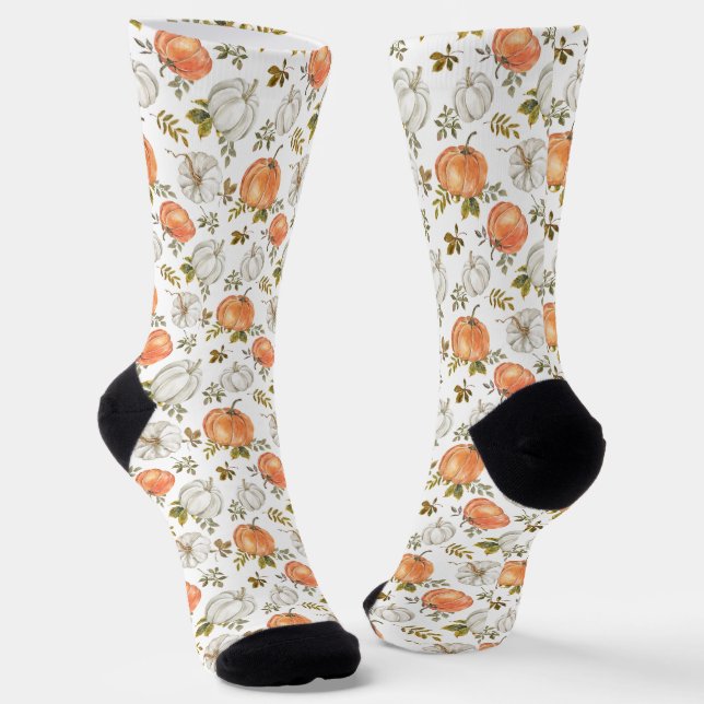 Fall Watercolor Pumpkin Pattern Socks (Angled)