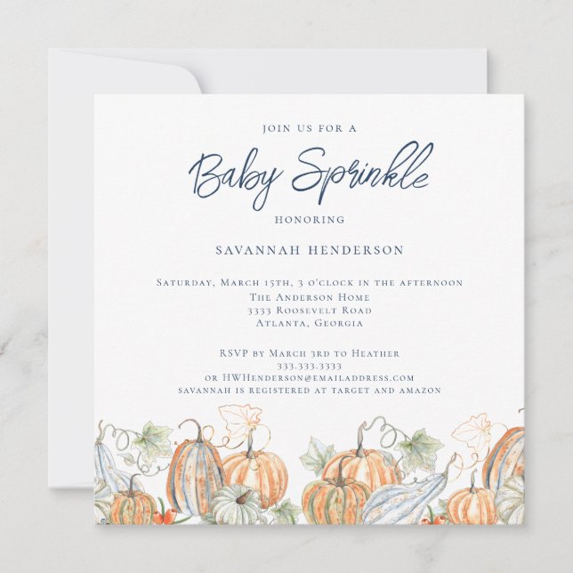 Fall Watercolor Pumpkins Blue Baby Sprinkle Invitation (Front)