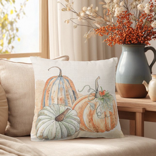 Fall Watercolor Pumpkins Cushion (Fall Farmhouse Pumpkin Throw Pillow)