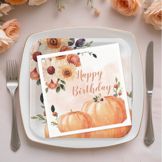 Fall Watercolor Pumpkins Floral Birthday Napkin (Fall Floral Birthday Party Napkins)