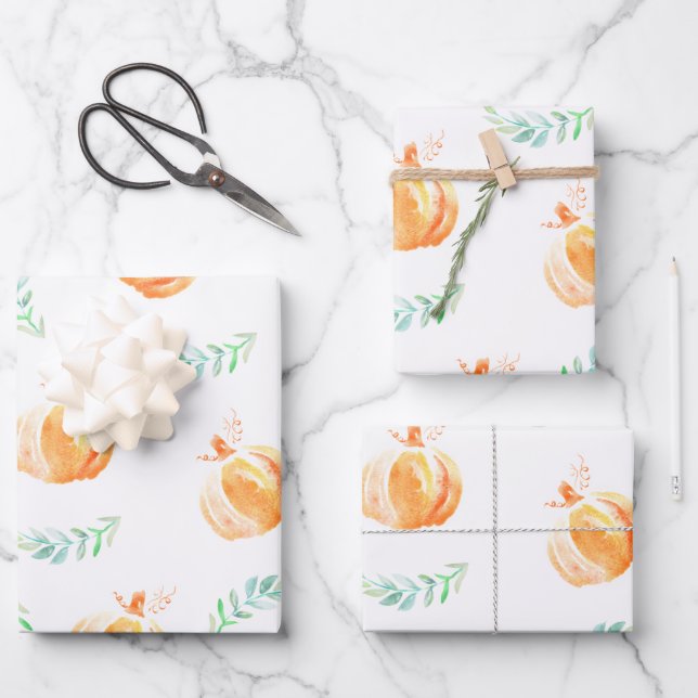 Fall Watercolor Pumpkins & Green Laurels Wrapping  Wrapping Paper Sheet (Front)