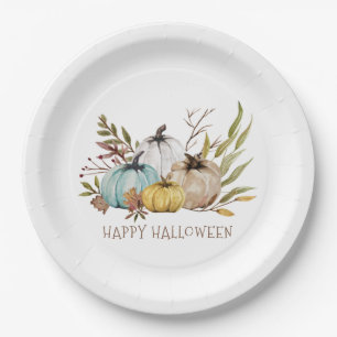 Fall Watercolor Pumpkins Happy Halloween Party Nap Paper Plate