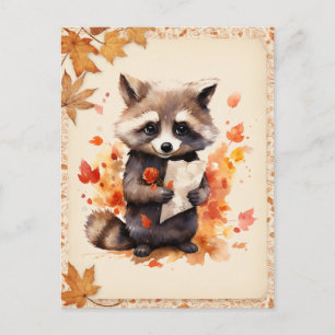 Fall Watercolor Racoon holding a letter -  Postcard