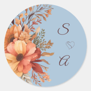 Fall Watercolor Rustic Floral Monogram Wedding  Classic Round Sticker