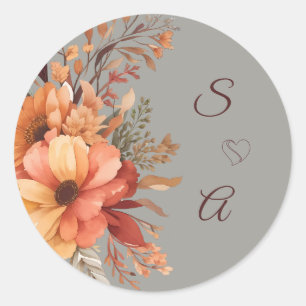 Fall Watercolor Rustic Floral Monogram Wedding  Classic Round Sticker