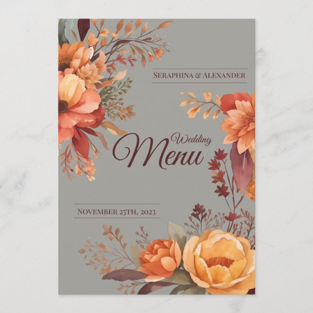 Fall Watercolor Rustic Floral Wedding Menu (Front)