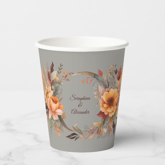 Fall Watercolor Rustic Floral Wedding Paper Cups (Front)