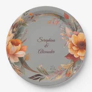 Fall Watercolor Rustic Floral Wedding Paper Plate