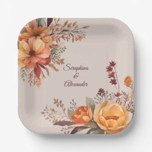 Fall Watercolor Rustic Floral Wedding Paper Plate
