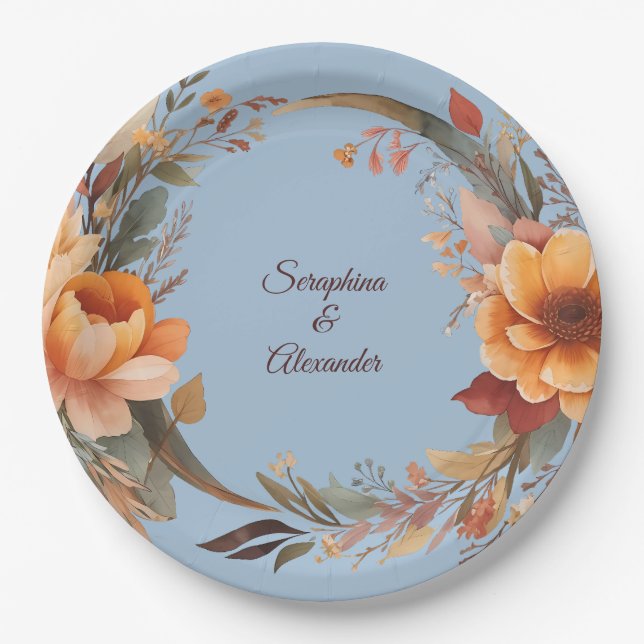 Fall Watercolor Rustic Floral Wedding Paper Plate (Front)