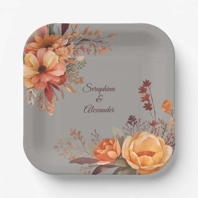 Fall Watercolor Rustic Floral Wedding Paper Plate (Front)
