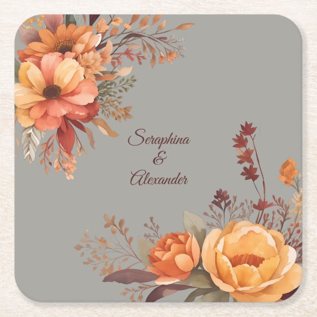 Fall Watercolor Rustic Floral Wedding Square Paper Coaster (Front)
