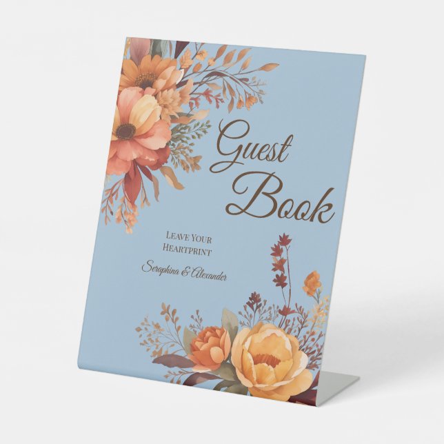 Fall Watercolor Rustic Floral Wedding Tabletop Pedestal Sign (Front)