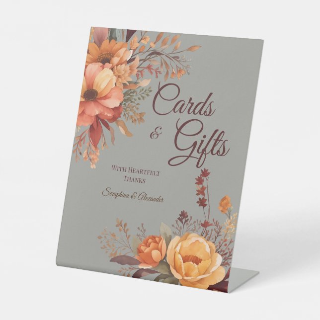 Fall Watercolor Rustic Floral Wedding Tabletop Pedestal Sign (Front)