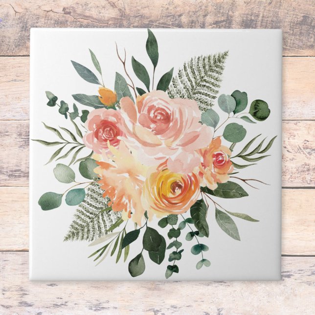 Fall Watercolor Rustic Pink Peach Flower Bouquet Tile (Close up)