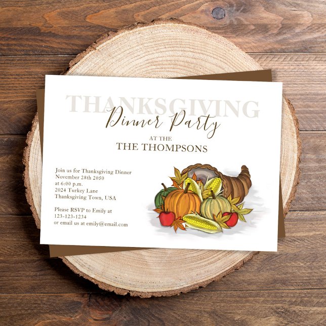 Fall Watercolor Thanksgiving Dinner Custom Invitation (Thanksgiving cornucopia invitation with watercolor turkey and fall foliage. )
