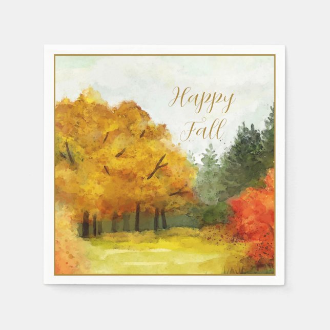 Fall watercolor trees with customisable text napkin (Front)