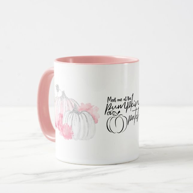Fall Watercolor White Silver Glitter Pumpkin Pink  Mug (Front Left)