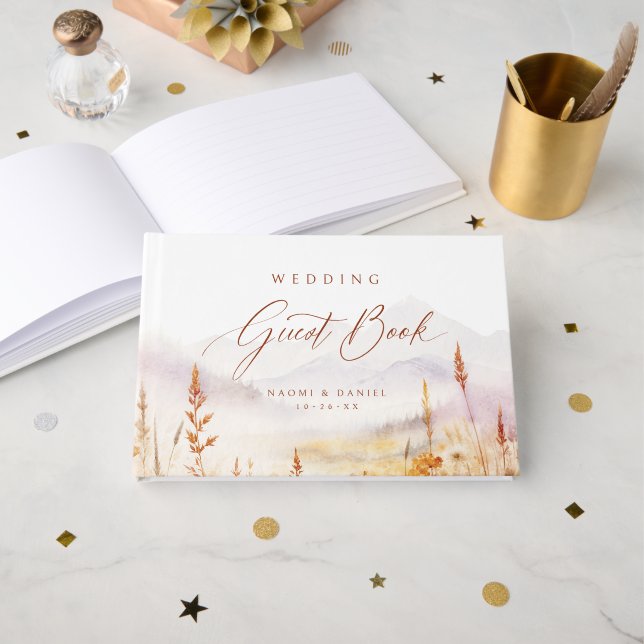 Fall Watercolor Wildflower Mountain Rustic Wedding Guest Book (Front Open)