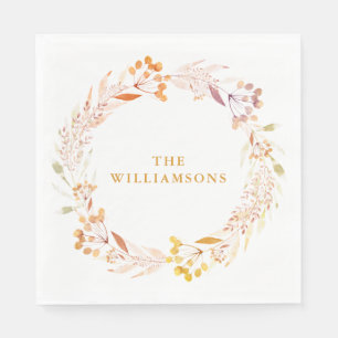 Fall Watercolor Wreath Personalized Family Name Napkin