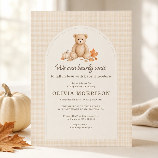 Fall We Can Bearly Wait Gingham Baby Shower Invitation (Creator Uploaded)