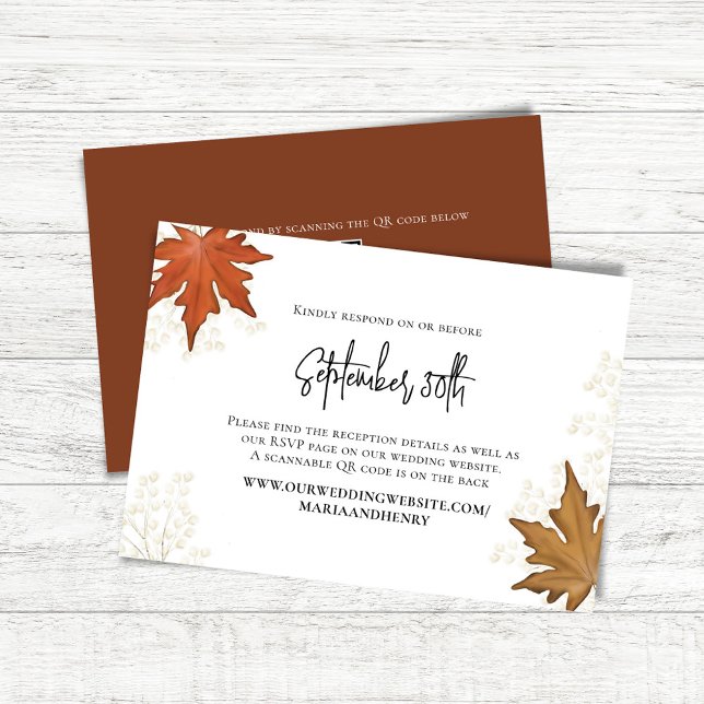 Fall Wedding Autumn Leaves RSVP QR Code Card (Watercolor Fall Leaves elegant RSVP card.)