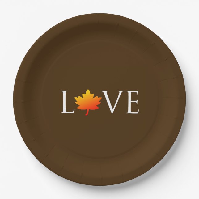 Fall Wedding Autumn Love Rustic Orange Leaf Brown Paper Plate (Front)