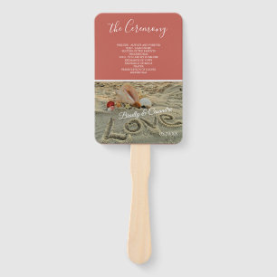 Fall Wedding Beach, Shells love Sand Coral Peach Hand Fan