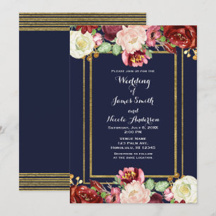 Fall Wedding Blue & Gold Chic Bold Floral Marsala Invitation