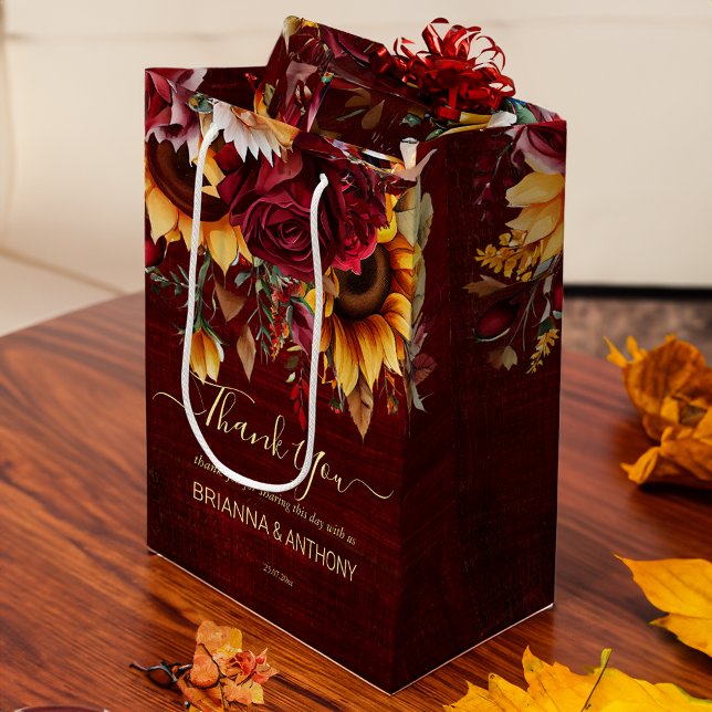 Fall wedding burgundy roses sunflowers favour  medium gift bag (Fall wedding burgundy roses sunflowers favor medium gift bag wedding welcome bag wedding gifts)