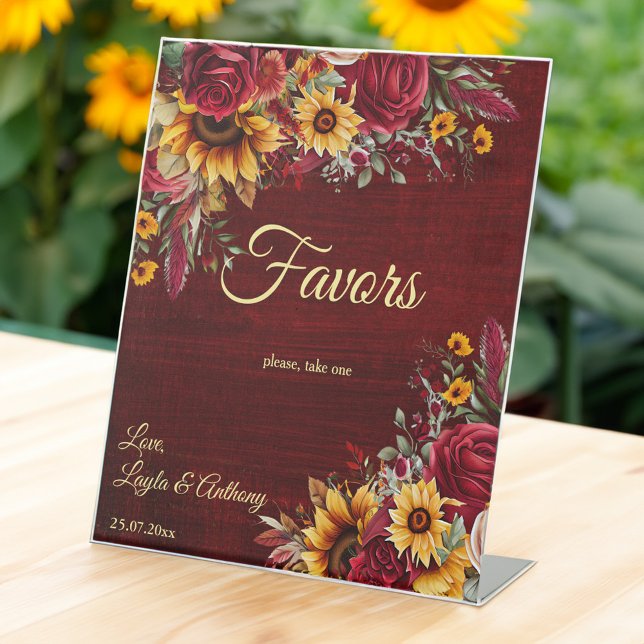 Fall wedding burgundy roses sunflowers favour pedestal sign (Fall sunflower wedding burgundy roses sunflowers favor table pedestal sign personalized decor)