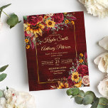 Fall wedding burgundy roses sunflowers invitation<br><div class="desc">Fall wedding Burgundy roses yellow sunflowers greenery burgundy background gold frame floral wedding budget invitation template all in one with QR RSVP code at the back,  affordable wedding invitations.</div>