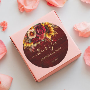 Fall wedding burgundy roses sunflowers thank you classic round sticker