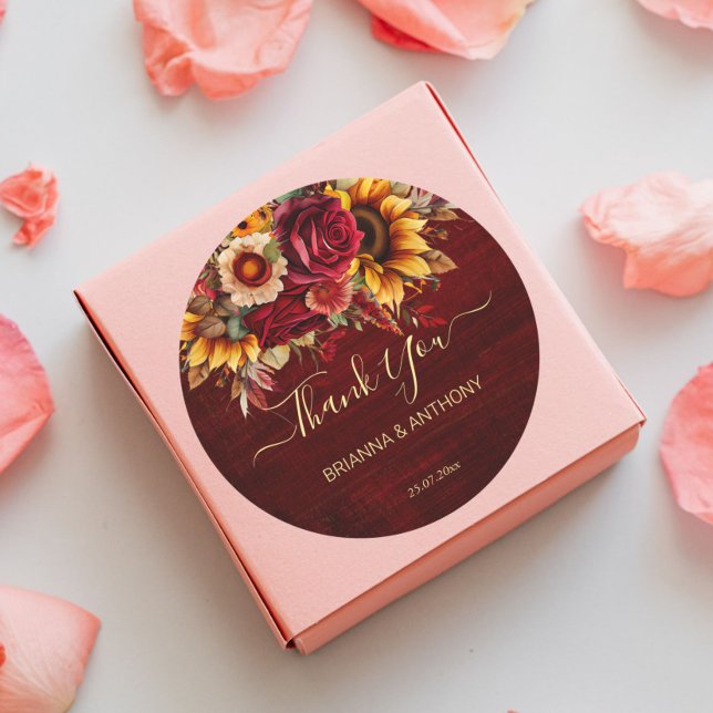 Fall wedding burgundy roses sunflowers thank you classic round sticker (Creator Uploaded)