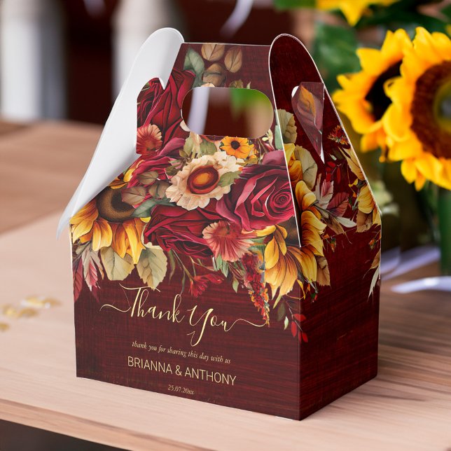 Fall wedding burgundy roses sunflowers thank you favour box (Fall sunflower wedding favors burgundy roses sunflowers personalized thank you favor box)
