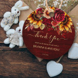 Fall wedding burgundy roses sunflowers thank you favour tags<br><div class="desc">Fall wedding Burgundy roses yellow sunflowers greenery burgundy background thank you favour gift tags.</div>